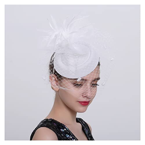 Fascinators Stirnband, Damen Tea Party Hut Kentucky Derby Hochzeit Federn Blume Mesh Haarspange Zubehör Hut Garn Dekor (Color : White, Size : 1) von MAYNUO