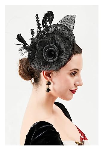 Fascinators Stirnband Cocktail Tea Party Hüte, königliche Hochzeit Hut Feder Mesh Haarspange Haarschmuck (Color : Black, Size : 1) von MAYNUO