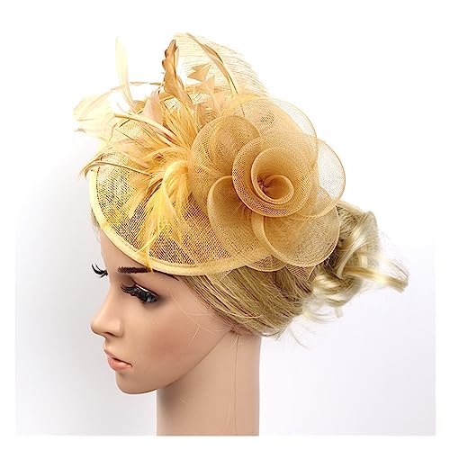 Fascinators Stirnband Cocktail Tea Party Hüte, königliche Hochzeit Hut Feder Mesh Haarspange Haarschmuck (Color : Gold, Size : 1) von MAYNUO