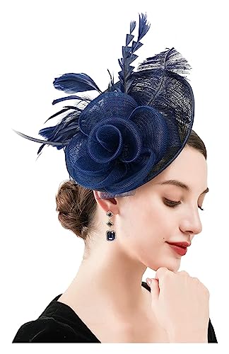 Fascinators Stirnband Cocktail Tea Party Hüte, königliche Hochzeit Hut Feder Mesh Haarspange Haarschmuck (Color : Navy blue, Size : 1) von MAYNUO