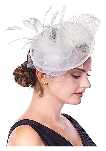 Fascinators Stirnband Cocktail Tea Party Hüte, königliche Hochzeit Hut Feder Mesh Haarspange Haarschmuck (Color : White, Size : 1) von MAYNUO