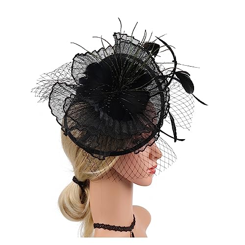 Feder-Blumen-Mesh-Perücke mit Schleier for Damen, Kentucky Derby, Cocktail-Party, Foto-Party, Hut-Perücke (Color : Black, Size : 1) von MAYNUO