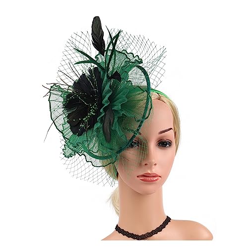 Feder-Blumen-Mesh-Perücke mit Schleier for Damen, Kentucky Derby, Cocktail-Party, Foto-Party, Hut-Perücke (Color : Green, Size : 1) von MAYNUO