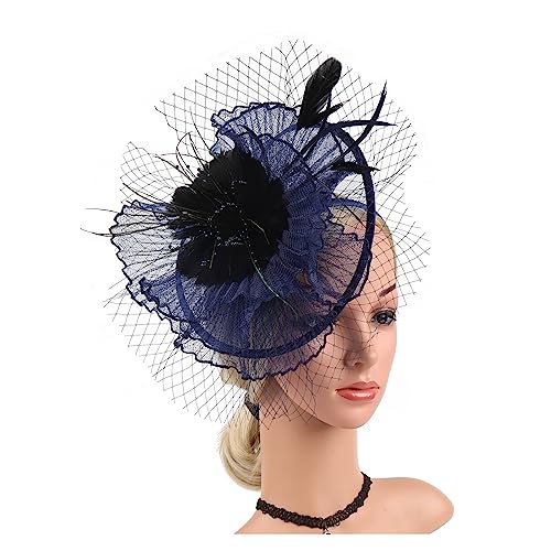 Feder-Blumen-Mesh-Perücke mit Schleier for Damen, Kentucky Derby, Cocktail-Party, Foto-Party, Hut-Perücke (Color : Navy blue, Size : 1) von MAYNUO