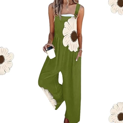 MAYNUO Floral Print Overalls for Women Jumpsuits Casual Sleeveless Wide Leg Long Pants Rompers with Pockets (emerald green,M) von MAYNUO
