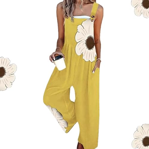 MAYNUO Floral Print Overalls for Women Jumpsuits Casual Sleeveless Wide Leg Long Pants Rompers with Pockets (yellow,M) von MAYNUO