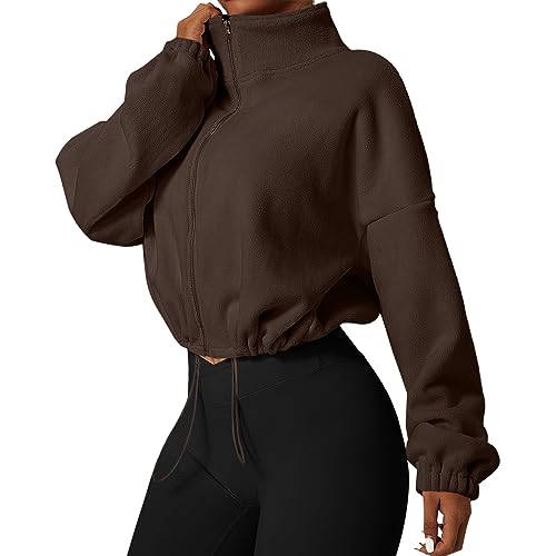 MAYROUND Damen Herbst Winter Casual Jacke Fleecejacke DrawString Stehkragen Fleecejacke mit durchgehendem Reißverschluss Draussen Lässige Fleecejacke Fitness Kleidung von MAYROUND
