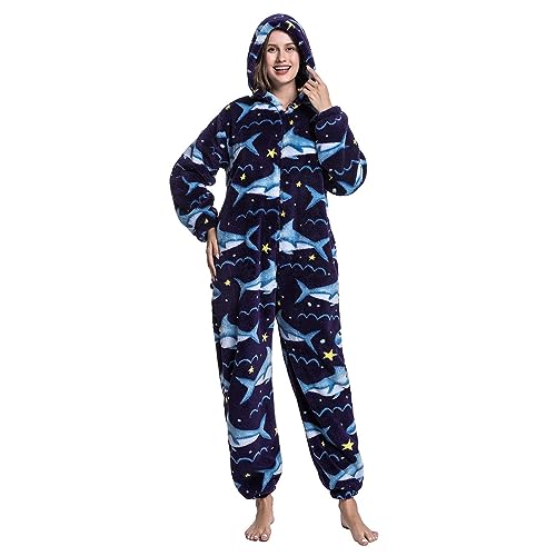 MAYSTEPPE Womens Fleece Onesie Pajamas,Fluffy Plush Warm Pajamas One Piece Cartoon Print Hooded Flannel Sleepwear von MAYSTEPPE