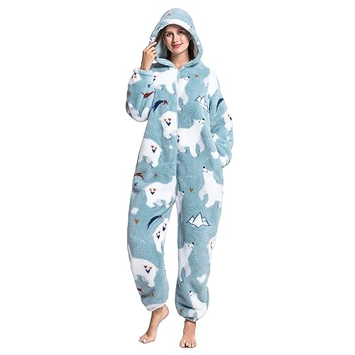 MAYSTEPPE Womens Fleece Onesie Pajamas,Fluffy Plush Warm Pajamas One Piece Cartoon Print Hooded Flannel Sleepwear von MAYSTEPPE