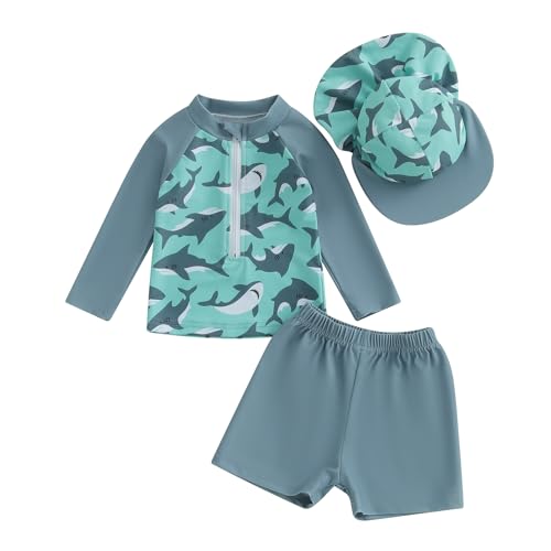 MAYUMMPY Baby Jungen Badeanzug UPF 50+ Rashguard Set Hai Delphin Print Top + Shorts + Hut Bademode Badeanzug, grau dunkel, 2-3 Jahre von MAYUMMPY