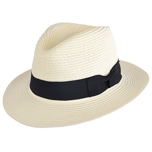 Knautschbarer und faltbarer Sommer-Panama-Fedora-Hut mit Band in 6 Farben (XL (61 cm), cremefarben) von MAZ