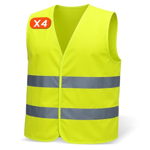 warnwesten Auto 4er für Herren & Damen – Entspricht EN ISO 20471 & EN ISO 13688 – Reflektierende Streifen, leicht & atmungsaktiv – Ideal für Bauarbeiten, Fahrrad Warnweste, Motorrad Warnweste von MAZALAT work wear