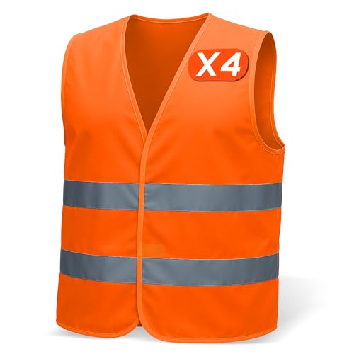 warnwesten Auto 4er für Herren & Damen – Entspricht EN ISO 20471 & EN ISO 13688 – Reflektierende Streifen, leicht & atmungsaktiv – Ideal für Bauarbeiten, Fahrrad Warnweste, Motorrad Warnweste von MAZALAT work wear