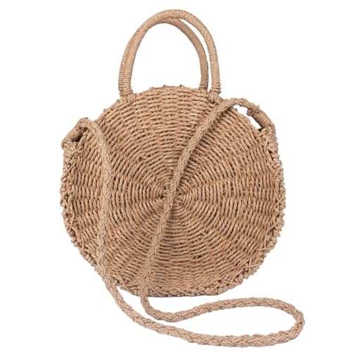 MBACODAI Handgemachte gewebte runde Handtasche Vintage Retro Stroh Seil gestrickte Umhängetasche Lady Bag Sommer Strand Tote(Color:Khaki no Button,Size:S) von MBACODAI