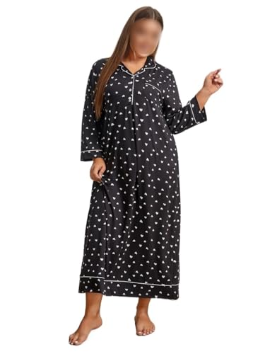 MBACODAI Plus Größe Frauen Nachthemd Kerb Kragen Weibliche Nachtwäsche Kleid Langarm Herbst Nachtwäsche Vorderen Knopf Homwear Kleidung (Color : Schwarz, Size : 3XL) von MBACODAI