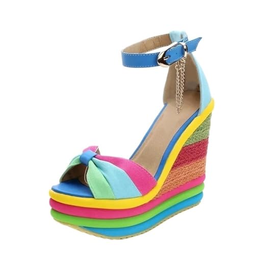 MBACODAI Sandalen Damen Damen Wedges High Mehrfarbige Patchwork-Sandalen Bunte High Heels Espadrilles (Color : Blau, Size : 37 EU) von MBACODAI