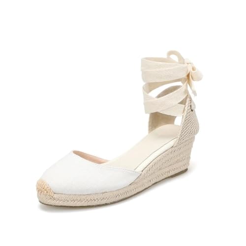 MBACODAI Sommer Damen Blockabsatz Einfache Espadrilles Keilabsatz Knöchelriemen Plateausandalen Damen High Heels (Color : Weiß, Size : 37.5 EU) von MBACODAI