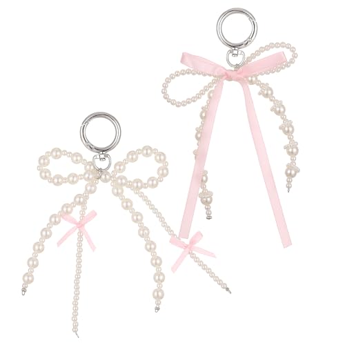 MBAIYO 2 Stück Perle Schleife Schlüsselanhänger, ÄsthetischeTaschenanhänger Kawaii Bogen Keychain Handgelenk Armband Anhänger Pearl Bows Keychain Schmuckzubehör Handyanhänger Anhänger Tasche für Damen von MBAIYO