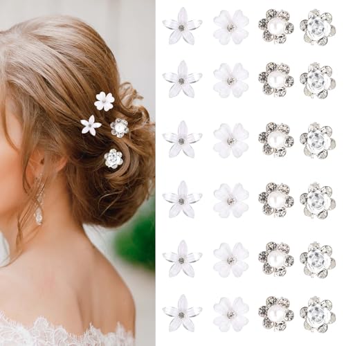 MBAIYO 24 Stück Mini-Haarspangen mit Weißen Blumen und Strasssteinen, Niedliche Blumen-Haarklammern Perle Haarnadeln Klein Dekorative Haarspange Braut-Haarschmuck Hochzeit Haar-Accessoires Frauen von MBAIYO