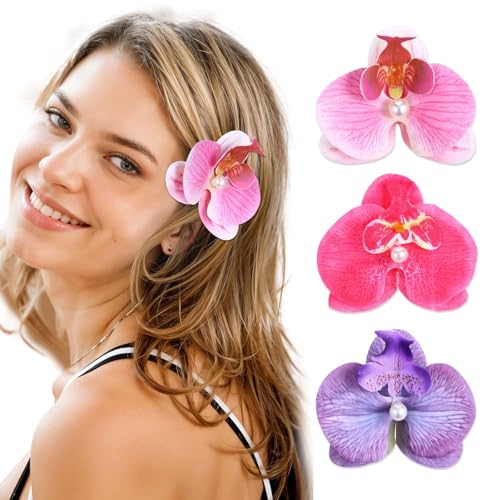 MBAIYO Haarspangen mit Hawaiianischen Blumen, 3er Böhmische Haarnadel mit Schmetterlingsorchidee & Perlen Künstliche Phalaenopsis Haarspange Flower Hair Clip Haarklammer für Frauen den Urlaub am Meer von MBAIYO