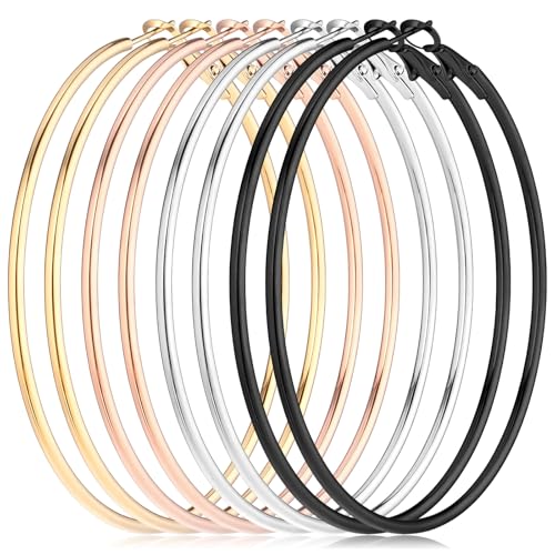 MBAIYO 4 Paare Große Creolen Ohrringe Set, Edelstahl Leichte Dünne Damenohrringe Hypoallergen Kreis Silber Creolen Länge 60mm Statement Gold Hoop Kreis für Mädchen Damen von MBAIYO