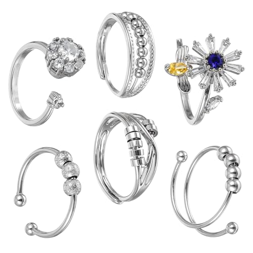 MBAIYO 6 Stück Angst Spinnerei Ring, Silber Anxiety Ring Offener Ringe Fidget Ringe Anti Stress Rings Verstellbare Stapelbare Angst Spinning Zirkonia Zappelringe für Frauen Männer von MBAIYO