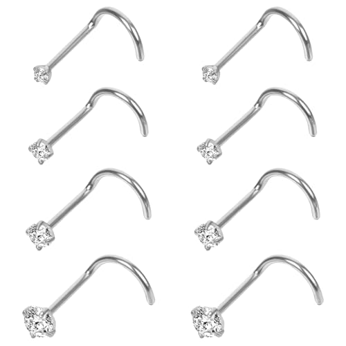 MBAIYO 8 Stück 20G Nasenpiercing Steck, 316L Chirurgenstahl Hypoallergen Nasenstecker Silber CZ L-Form Piercing Nase mit 1,5–3mm weiß Zirkonia Helix Nostril Piercing Stecker Schmuck für Damen Silber von MBAIYO