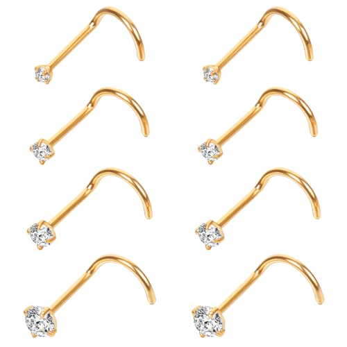 MBAIYO 8 Stück 20G Nasenpiercing Steck, 316L Chirurgenstahl Hypoallergen Nasenstecker Silber CZ L-Form Piercing Nase mit 1,5–3mm weiß Zirkonia Helix Nostril Piercing Stecker Schmuck für Damen (Gold) von MBAIYO