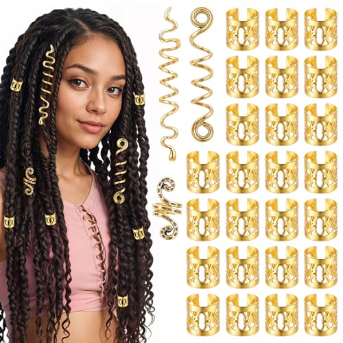 MBAIYO Gold Haarschmuck für Zöpfe, 28 Stück Dreadlocks Schmuck Verstellbar Metall Cuffs Haarperlen Haarspiralen Clips Haar Geflecht Ringe Flechtet Perlen Zubehör für Frauen Männer Zöpfe Dekoration von MBAIYO