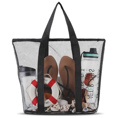 MBAIYO Groß Netz Strandtasche, Mesh Beach Bag für Sandspielzeug Faltbare Handtaschen mit Reißverschluss Wasserdicht Badetasche Netztasche für Strand Urlaub Reise Fitnessstudio von MBAIYO