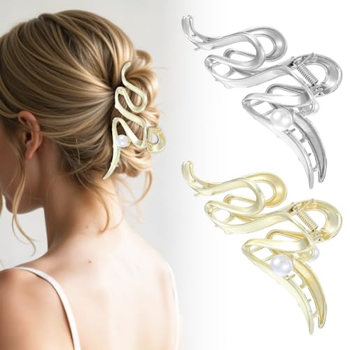 MBAIYO Große Haarklammern mit Wellenform, 2 Stück Perlen Metall Haarspangen Rutschfeste Haarklammer Starker Halt Haar Klaue Clips für Damen Frauen Mädchen ickes Haar-Accessoires Gold Silber von MBAIYO