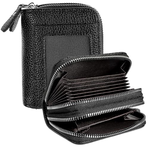 MBAIYO Kreditkartenetui Geldbörsen Schwarz, Klein Geldbeutel Leder RFID-Schutz Kartenhalter mit 14 Kartenfächer Akkordeon Brieftasche mit Reißverschluss Scheckkartenetui Portemonnaie für Damen Herren von MBAIYO