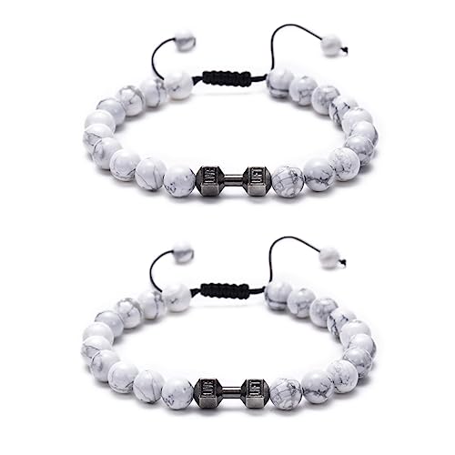 Hantel-Armband für Männer, 8 mm Naturstein-Perlenarmbänder, verstellbares gewebtes Fitnessstudio-Armband-Armband-Set, Geschenke, Charm-Hantel-Armbänder für Sie oder Ihn (Weiße Kiefer) von MBELLO