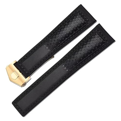 MBUIOPJ Uhrenarmband aus echtem Leder, kompatibel mit Tag Heuer Carrera Diving Monaco F1-Serie, atmungsaktive Uhrenkette, Herren-Uhrenarmbänder, 22 mm, mit Werkzeug(Black gold) von MBUIOPJ