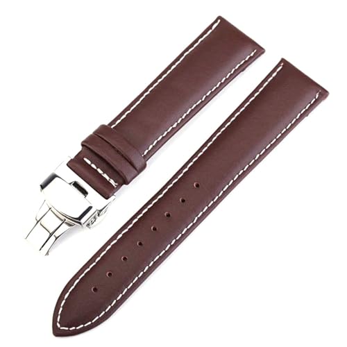 MBello Echtes Leder-Uhrenarmband-Uhrenarmband-Schmetterlingsschnalle-Armband-Armband-Uhr-Zubehör, Kaffee weißer Faden, 18mm von MBello