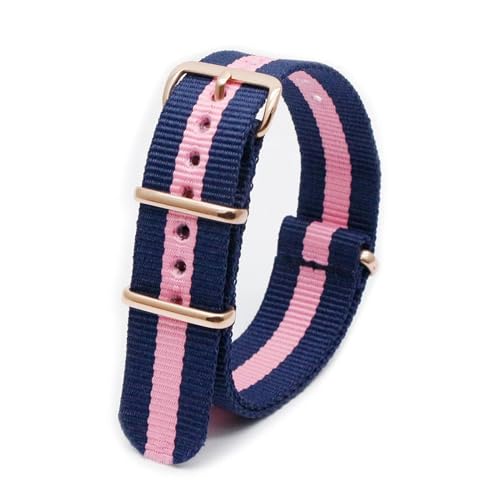 MBello Premium-Nylonarmband, goldene Schnalle, langlebig, atmungsaktiv, für Damen und Herren, Canvas-Gewebe, Armband, Ringschnalle, Blaues weißes Rosa, 20mm von MBello