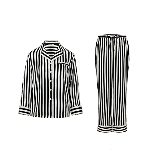 MCCAMEY Damen Pyjama-Set 100% Seide, Schlafanzüge, Nachtwäsche und Loungewear, Schwarz-weiß gestreifter,L von MCCAMEY