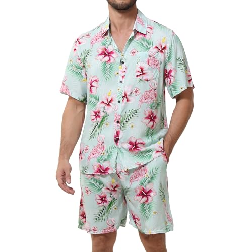 MCEDAR Herren Casual Button-Down Kurzarm Hawaii-Hemd Anzüge Fit Strand Floral 2 Stück Urlaub Outfits Sets, Flamingo#7, Large von MCEDAR