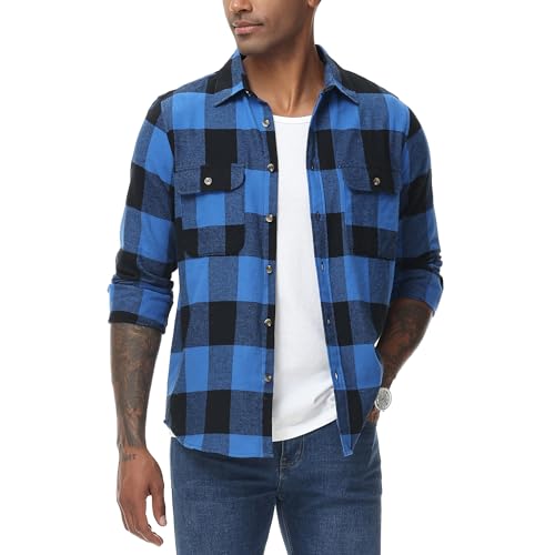 MCEDAR Regular Fit Plaid Flanellhemden für Herren Leichtes Langarm Casual Button Down Hemd, Blau-schwarz kariert, Mittel von MCEDAR
