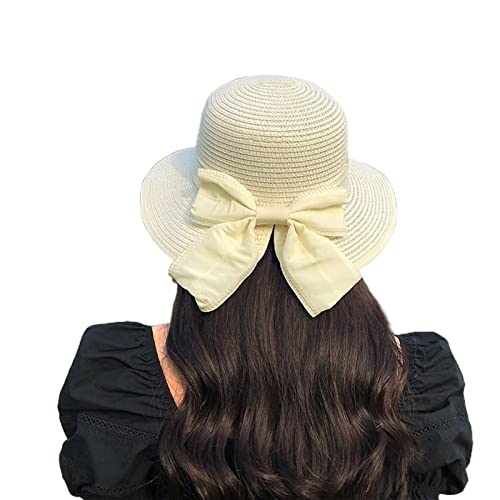 MCHDMI SYT-MD Strohhut Damen, Faltbarer Strohhut mit großer Krempe for Mädchen, Sonnenhut mit Bowknot, Elegante Schutzschattierung, modische Strandkappen for Frauen (Color : Beige, Size : 54-58cm) von MCHDMI