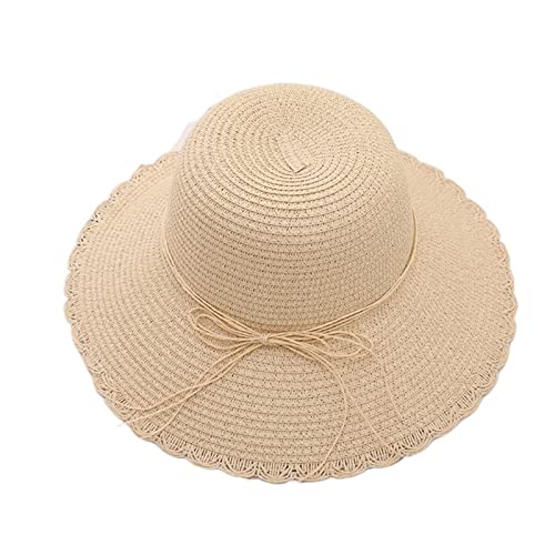 MCHDMI SYT-MD Strohhut Damen, Mode-Frauen-Sommer-Sonnenhut-Strand-Panama-Stroh-Kappe-großer Rand-Bogen-Band-Temperament-Flacher UV-Schnitt-Dame-Sonnenschein-Hut (Color : Beige, Size : 54-58cm) von MCHDMI