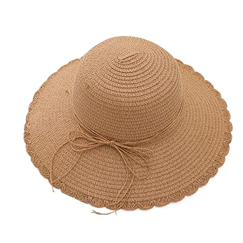 MCHDMI SYT-MD Strohhut Damen, Mode-Frauen-Sommer-Sonnenhut-Strand-Panama-Stroh-Kappe-großer Rand-Bogen-Band-Temperament-Flacher UV-Schnitt-Dame-Sonnenschein-Hut (Color : Khaki, Size : 54-58cm) von MCHDMI