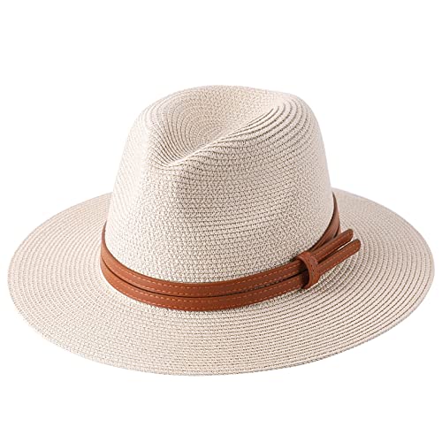 MCHDMI SYT-MD Strohhut Damen, Panama Weich geformter Strohhut Sommer Damen/Herren Breite Krempe Strand Sonnenkappe UV-Schutz Fedora Hut 56-58-59-60CM (Color : Beige01, Size : 56-58cm) von MCHDMI