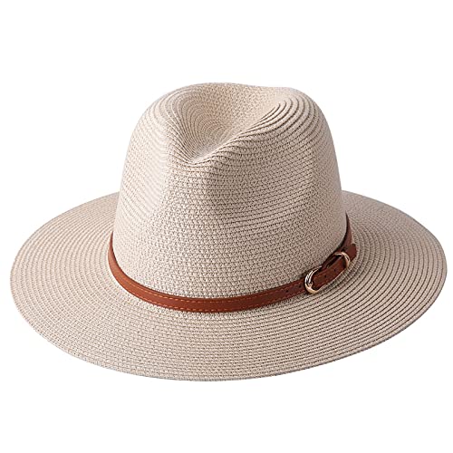 MCHDMI SYT-MD Strohhut Damen, Panama Weich geformter Strohhut Sommer Damen/Herren Breite Krempe Strand Sonnenkappe UV-Schutz Fedora Hut 56-58-59-60CM (Color : Beige02, Size : 60cm) von MCHDMI