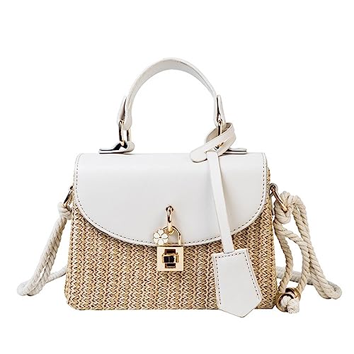 MCHDMI SYT-MD Strohtaschen Damen Schultertasche Sommer Mode Rattan Handtasche Messenger Strand Tasche Korbgeflecht Kupplung Kleine Quadratische Tasche Strohtasche (Color : White) von MCHDMI