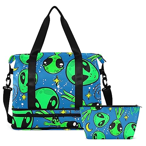 Bright Alien Space Travel Duffel Bag for Women Men Gym Bag with Shoe Compartment Wet Pocket Carry On Weekender Overnight Bags for Traveling Gym Workout, Mehrfarbig, Large von MCHIVER
