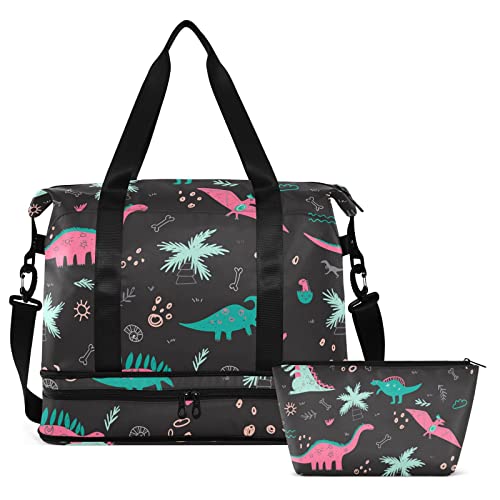 Bunte Dinosaurier-Reisetasche für Damen und Herren, Turnbeutel mit Schuhfach, nasse Tasche, Handgepäckbeutel für Wochenend, Übernachtung, für Reisen, Fitnessstudio, Yoga, Schule, Mehrfarbig, Large von MCHIVER