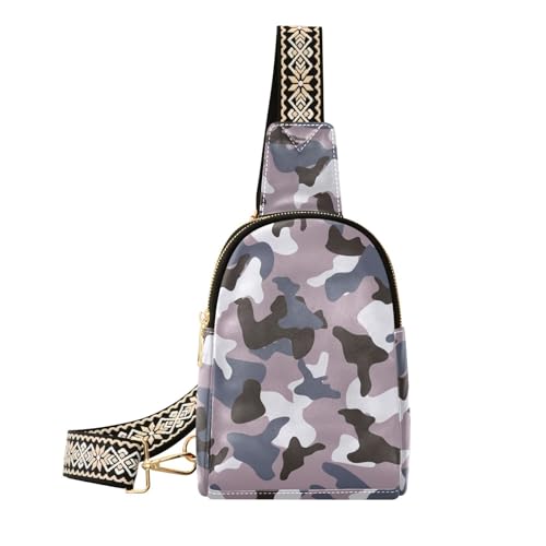 Camouflage-Umhängetasche für Damen und Herren, Leder, Brusttasche, Geldbörse, verstellbar, Cross-Body-Tagesrucksack, Violett, Schwarz, Camouflage, Umhängetasche von MCHIVER