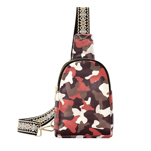 Camouflage-Umhängetasche für Damen und Herren, Leder, Brusttasche, Geldbörse, verstellbar, Cross-Body-Tagesrucksack, Rot, Schwarz, Camouflage, Umhängetasche von MCHIVER