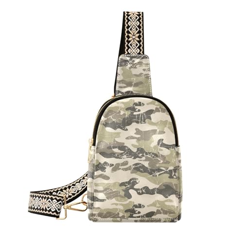 Camouflage Crossbody Sling Bag für Damen Herren Leder Brusttaschen Geldbörse Verstellbar Crossbody Daypack, Vintage Green Camouflage von MCHIVER